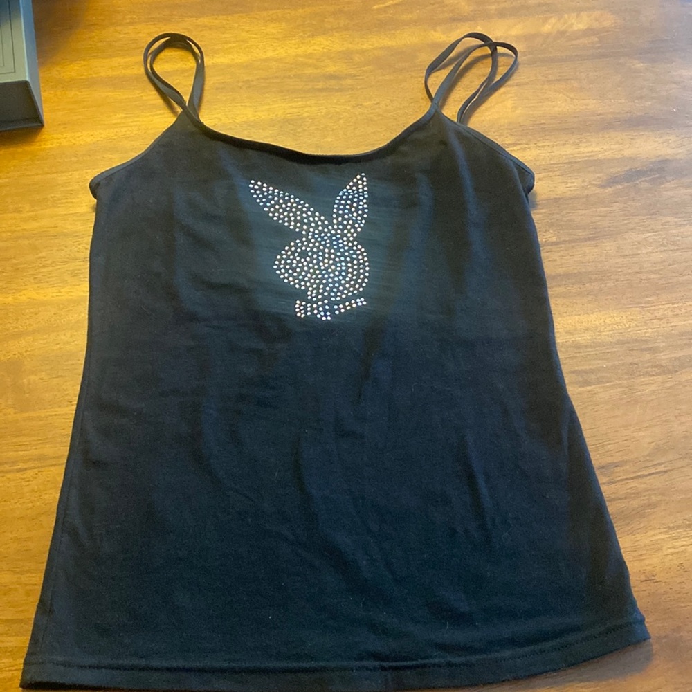 PlayBoy double spaghetti strap black jeweled logo tank top